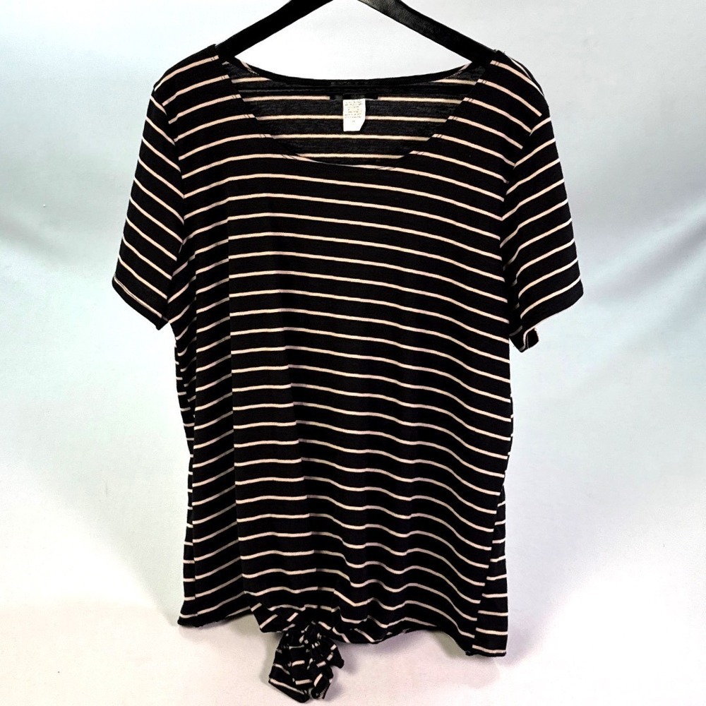 Elizabeth Womens Plus 2X Striped Short Sleeve Scoop Neck Front Tie Knot TopBlack